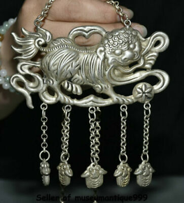 4.6" Old Chinese Miao Silver Dynasty Fengshui Foo Fu Dog Lion Beast Bead Pendant