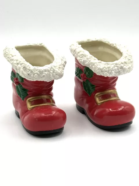 3" Solid Ceramic Santa Boot Candle Stick Holder Pair 2 Mistletoe Handpainted