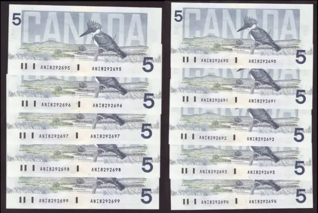 10x 1986 Canada $5 consecutive notes Knight Theissen ANI 8292690-99 CH UNC