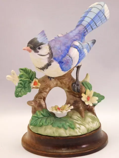 Josef Originals Blue Jay Perched Branch Yellow Flowers Bird Georgian Porcelain