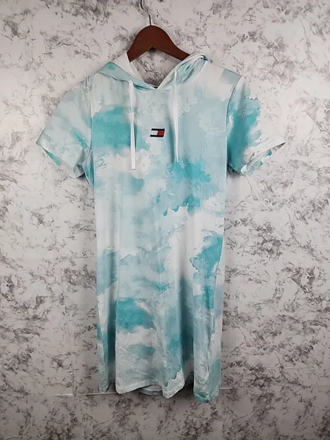 Tommy Hilfiger Sport Hoodie Dress Short Sleeve Tie Dye Blue White Size MEDIUM