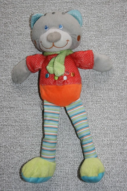 Mots D'enfants Doudou Chat Orange Rouge Gris Chat Brode Echarpe Vert  Tbe