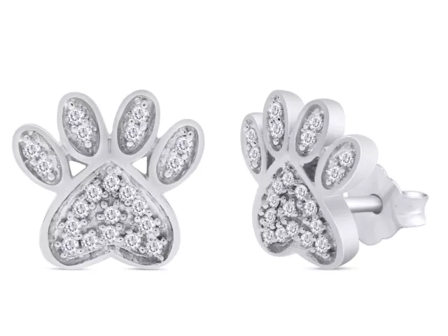 1/10ct Natural Round Diamond Paw Print Stud Earrings 10K Solid Gold