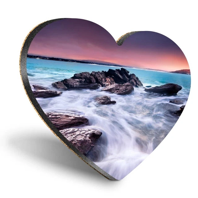 Heart MDF Coaster Sunset Rocky Beach Scene Sea Waves #52193