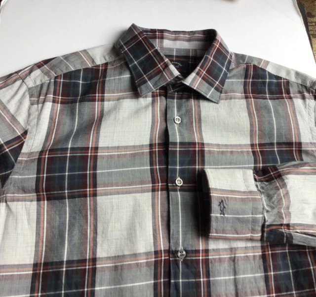 Paul & Shark gray with brown  plaids cotton shirt Sz 16~41 cm made in Italy 🇮🇹