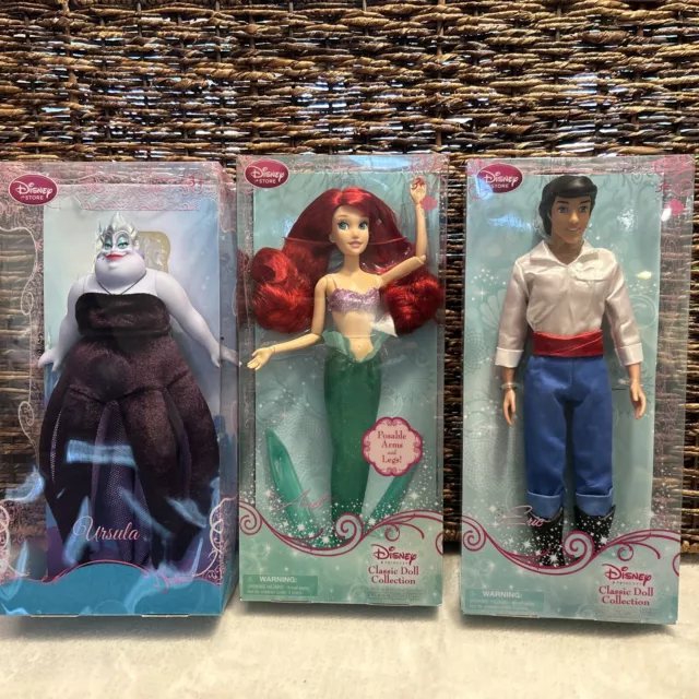 Disney Store Retired NIB Little Mermaid Ariel, Prince Eric & Ursula Set