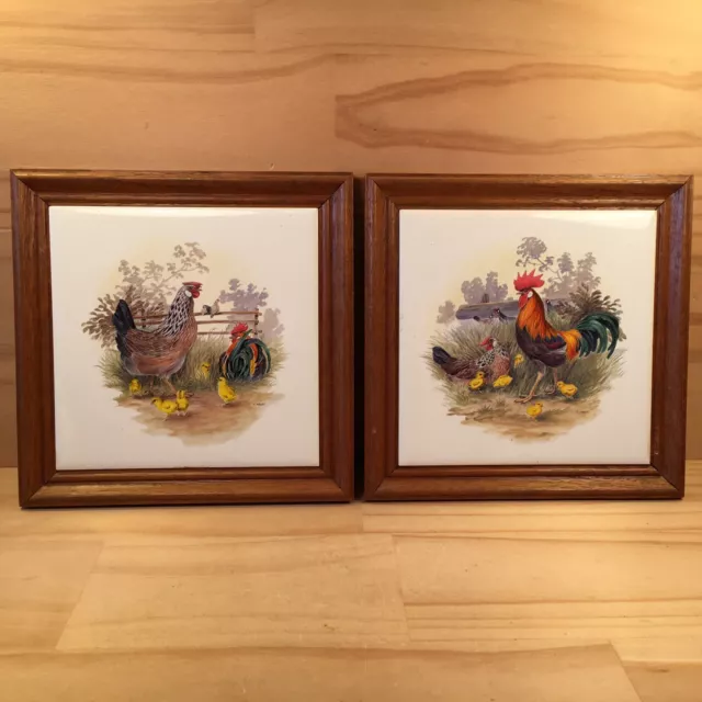 Pair of FARMYARD CHICKENS Vintage Hen Rooster Ceramic Pictures Wall Art -H.ARNDT