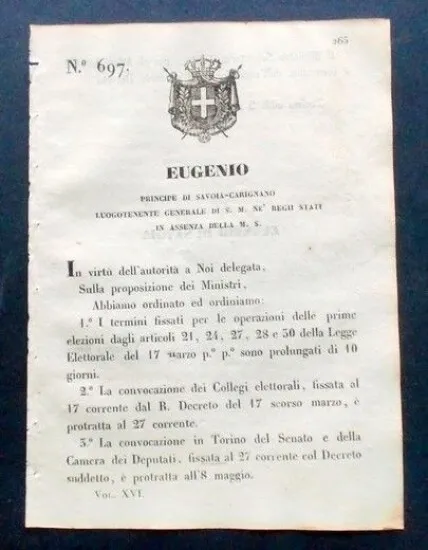 Decreto Eugenio - Termini fissati per le operazioni delle prime elezioni - 1848