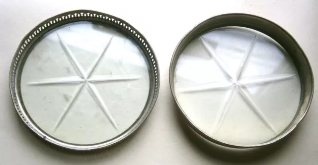 Antique Vtg PAIR Stamped Sterling Silver Cut Glass Star Pattern Coaster Set Deco