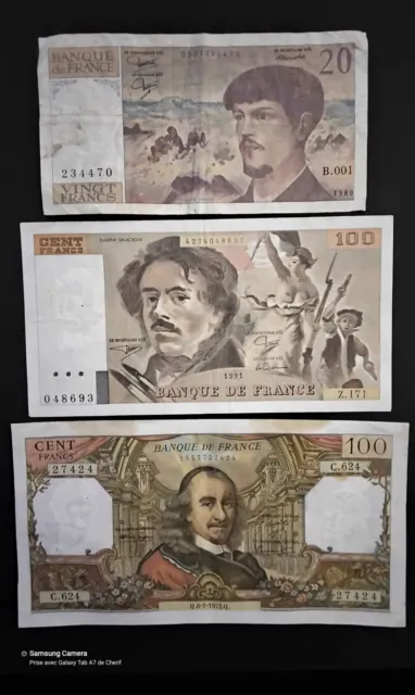 Lot De 3 Billets De Banque :《 100fr Corneille & 100fr Delacroix & 20fr Debussy 》