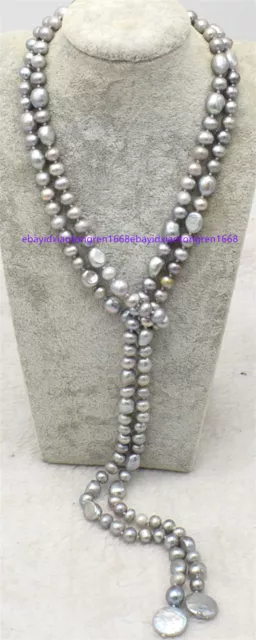 Gray Natural 7-8mm Edison Keshi Reborn Baroque Coin Pearl Necklace 50 Inch