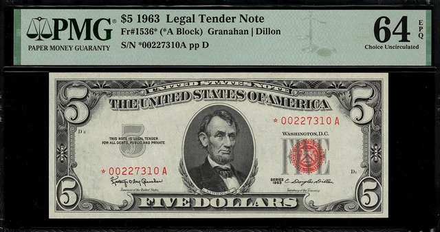1963 $5 Legal Tender FR-1536* - STAR NOTE - PMG 64 EPQ - Choice Uncirculated