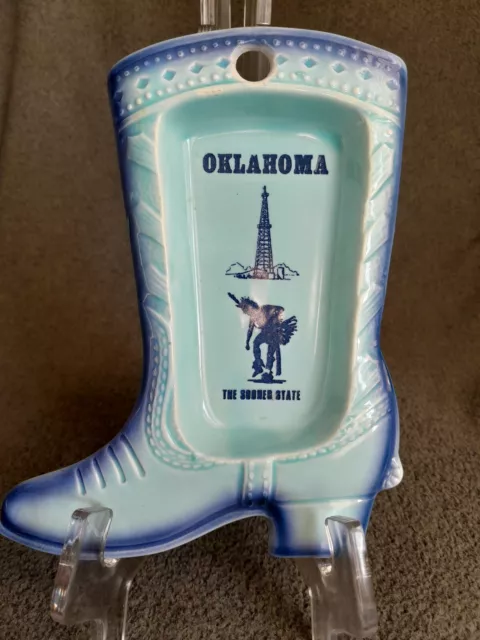 Rare Blue Vintage Oklahoma Souvenir Boot Shaped Wall Hanging Trinket Dish