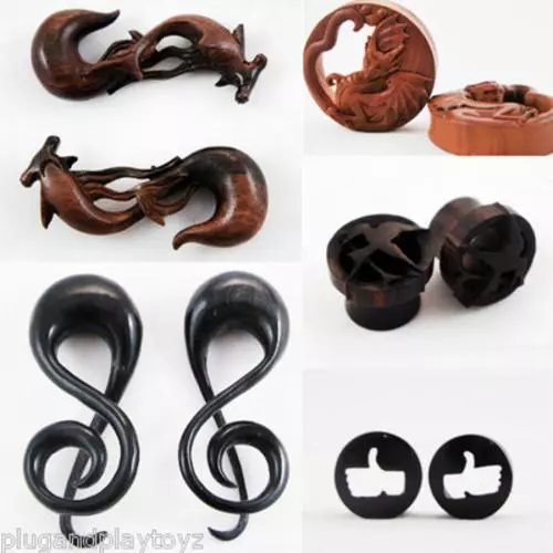 Pair Carved Nerd Geek Ear Plugs Wood Hand Made Organic Earrings Gauges Tunnels