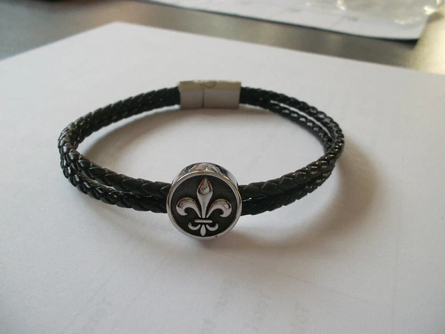 Bracelet Homme Cuir Noir Avec Fermoir Fleur De Lys En Acier Inoxydable - Taille 18 Cm - Petugons