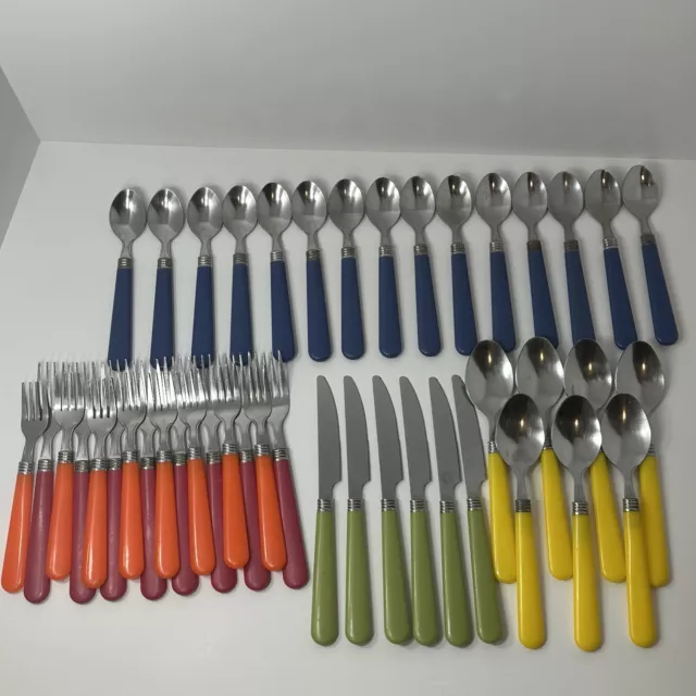 Vtg 44 Pc Set MCM Plastic Colored Handle Silverware Flatware Forks Spoons Knives