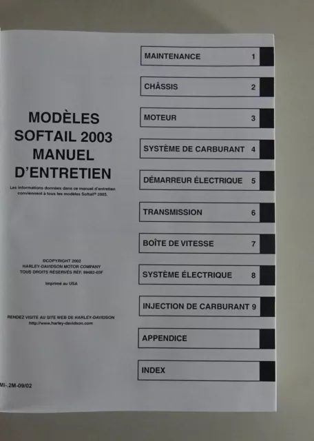 Manuel d'atelier Modèles Harley Davidson Softail 2003 Version 09/2002 2