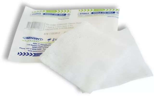 1 x BOX 50 STERILE WHITE GAUZE SWABS FIRST AID 7.5cm x 7.5cm 8 PLY / 3PK 2