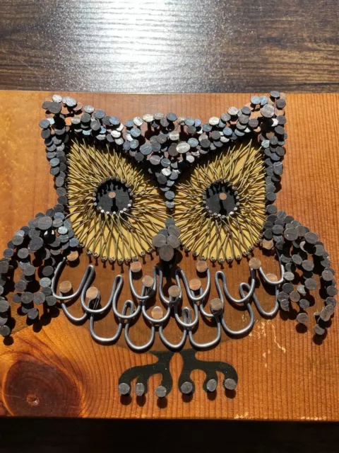 Vintage Nail Art Sculpture Mid Century Modern Owl Wall Hanging Wall Art