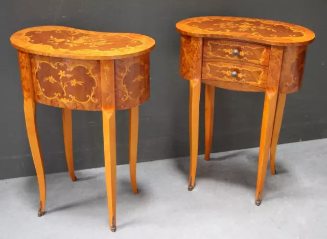 Pair antique French Louis XV lamp tables Rococo marquetry inlay bedside chests