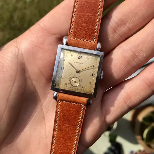 Orologio da uomo vintage anni '40 Zenith con cassa serbatoio tutto in acciaio estremamente raro