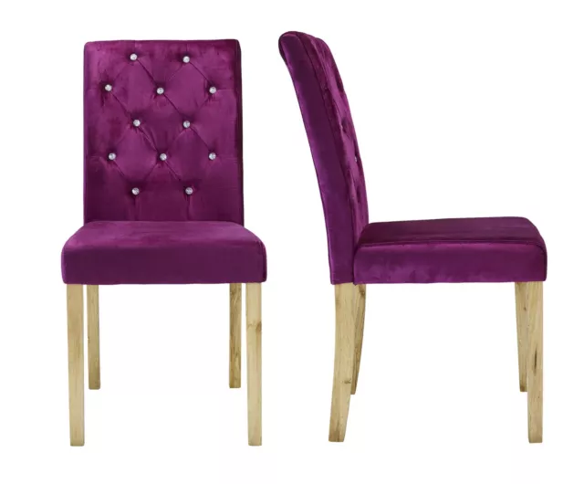 Pair Of Dining Chairs Velvet Seat Quilted Crystal Buttons Kitchen Paris Purple