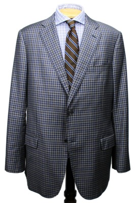 J. Hilburn Gray Navy Plaid Check 100% Wool Dual Vent Two Button Sport Coat 43 L