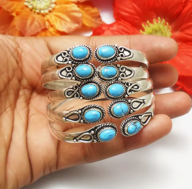 Sleeping Beauty Turquoise Gemstone 5pcs Cuff Bracelet 925 Sterling Silver Plated