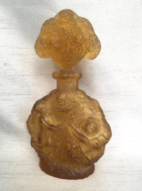 Art Deco French Bohemian Amber Satin Glass Perfume Bottle Cherubs H. Hoffman