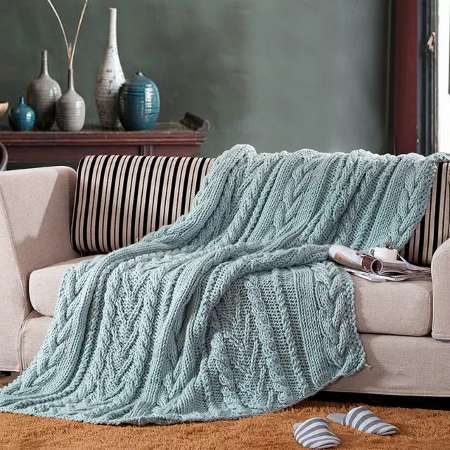 100% Handmade Super Soft Acrylic Knitted Blanket Bedspread Throw Rug Silver Blue