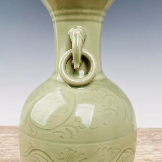 9.5" Old Song dynasty Porcelain yue kiln museum mark cyan glaze double ear vase