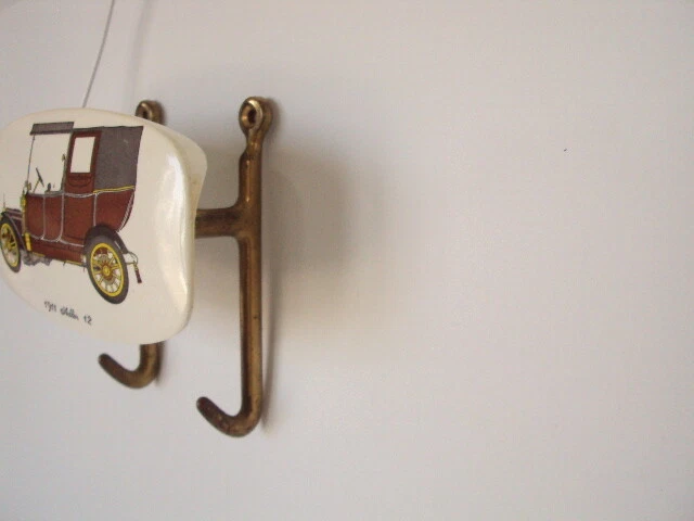 vintage wall mount BRASS hooks coat hat hanger racks Double Hanger Old PLASTIC 3