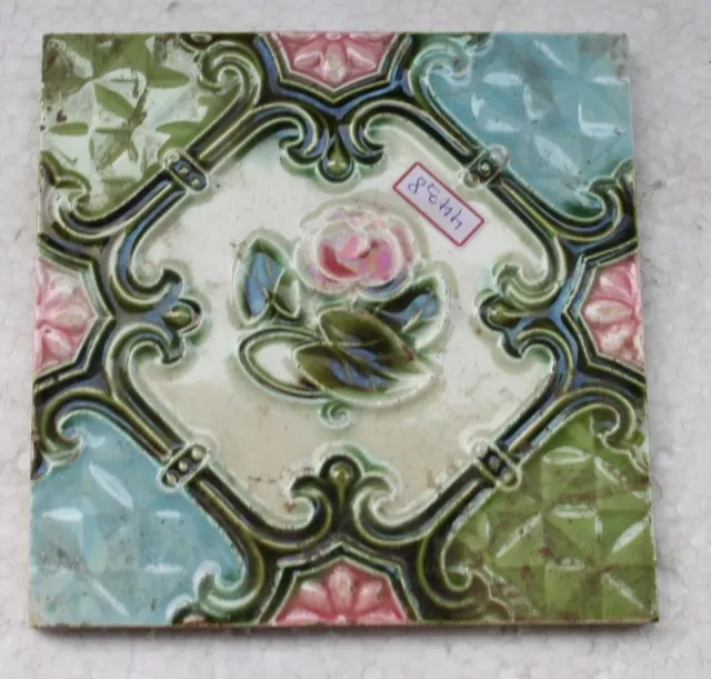 Vintage Tile Art Nouveau Majolica Pink Flower Design Architecture Tile Nh4438
