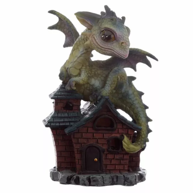 Baby Dragon on Cottage Ornament , Cute Fantasy Figurine , Gift Boxed