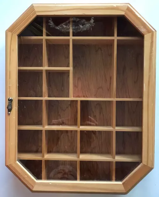 Vtg Wood Glass Curio Cabinet Display Case 22 Slots Octagonal Oak Wall 15 x 11.5
