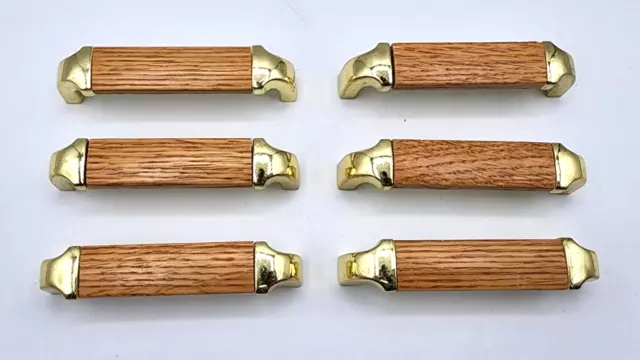 6 Vintage Wood Oak Metal Brass Drawer Pulls Cabinet Handles 4 1/8  Inch Wide