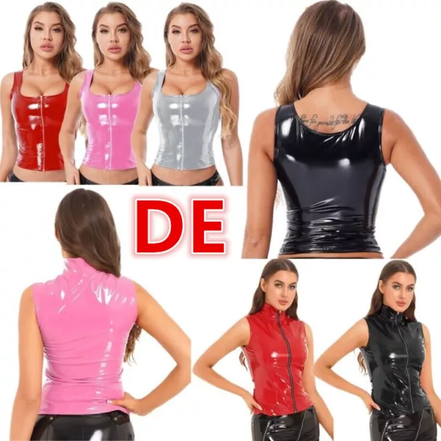 DE Damen Wetlook Crop Top Lackleder Unterhemd Ärmellos Top Reißverschluss Shirt