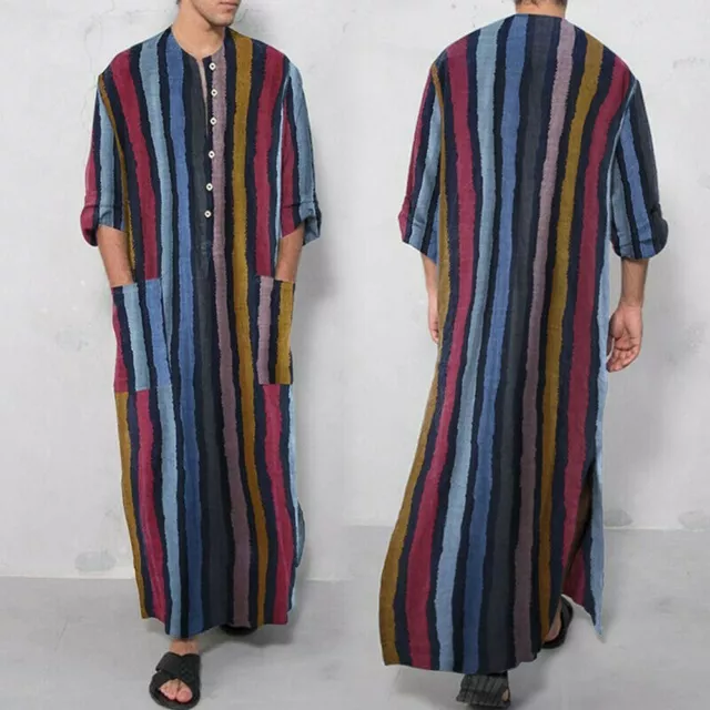 Men's Muslim Abaya Jubba Saudi Kaftan Long Sleeve Formal Party Long Robe Thobe