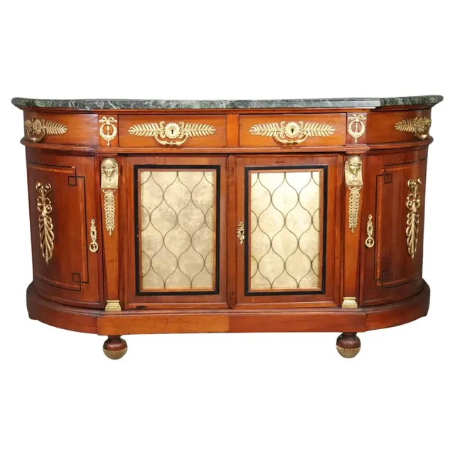 French Empire Style Bronze Mounted Marble Top Walnut Sideboard Eglomise Doors