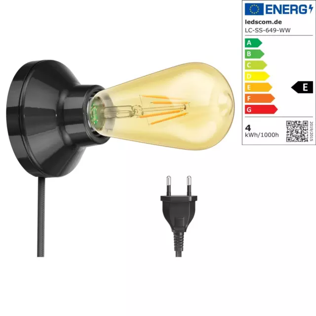 E27 Porzellan Lampen-Fassung Elektra, rund mit Stecker und Schalter, schwarz, in