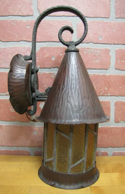 Antique Arts Crafts Gothic Copper Light Fixture Ornate Patina Wall Mount Lamp