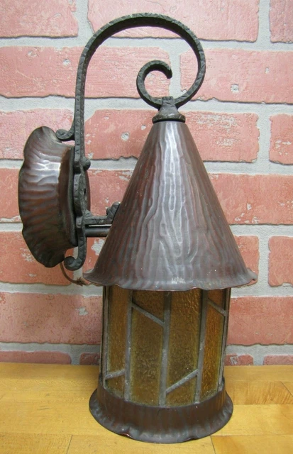 Antique Arts Crafts Gothic Copper Light Fixture Ornate Patina Wall Mount Lamp