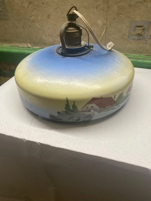 Grosse Suspension Ancienne Globe En Verre Opaline Avec Décor Paysage Soleil Ciel