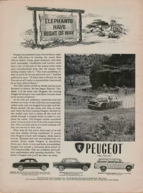 1964 Peugeot 403 404 Station Wagon East African Safari Elephant Vintage Print Ad