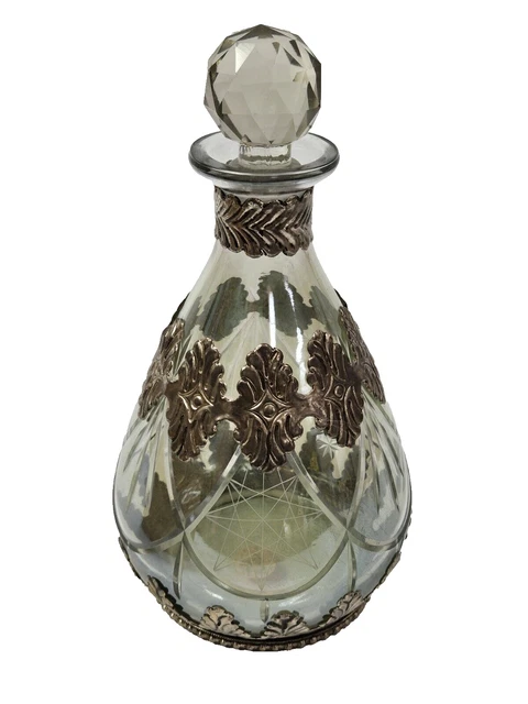 STUNNING Ornate Silver Overlay Art Nouveau Deco Etched Clear Glass 10" Decanter