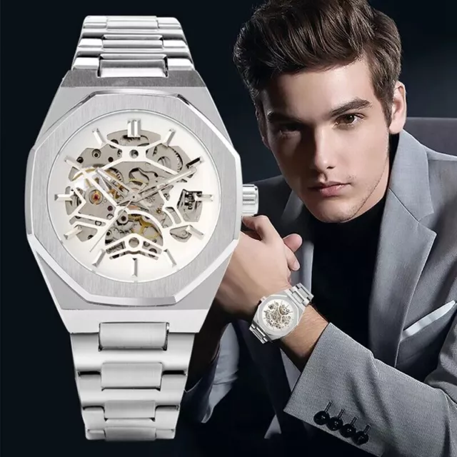 Mens Mechanical Automatic Watch Gear Shape Skeleton Dial Wristwatch Luxury Gift