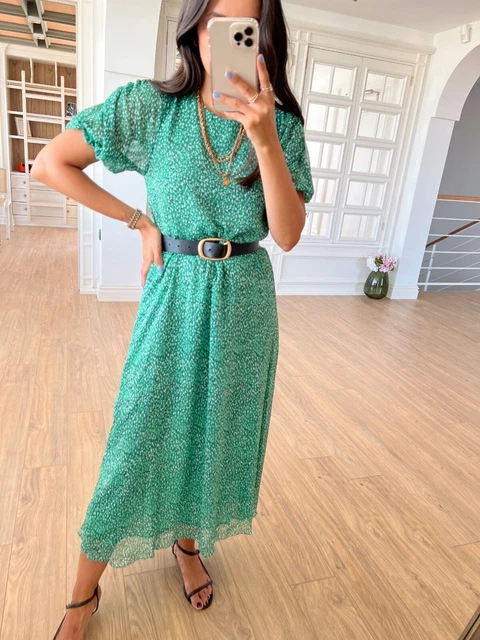 Bottle Green Printed Midi Dress with Belt & Button Front