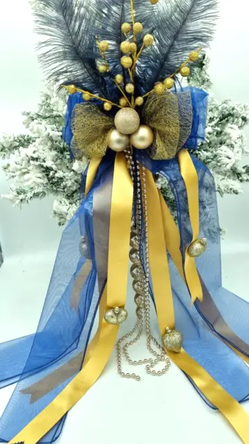 Navy Blue Gold Christmas Tree Topper Bow Large Handmade Luxury Bow 32"x11"
