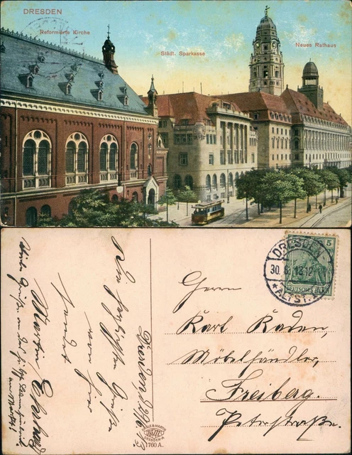 Ansichtskarte Dresden Reformierte Kirche Neues Rathaus Städt. Sparkasse 1913
