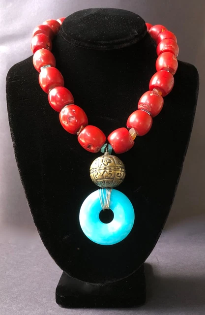 Vintage Natural Chunky Deep Red Coral Beads Turquoise Bali Silver Ball Necklace